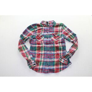 Mossimo Plaid Flannel Shirt Womens Medium Red Blue Green Button Down Pocket